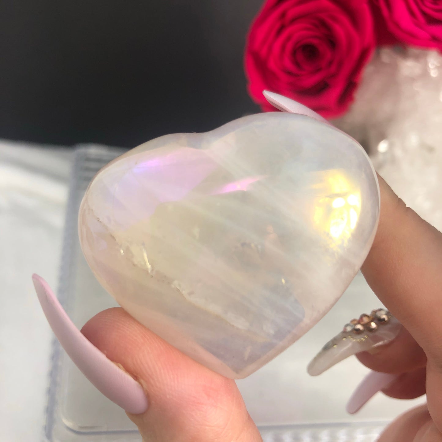 Rainbow Aura Rose Quartz Heart