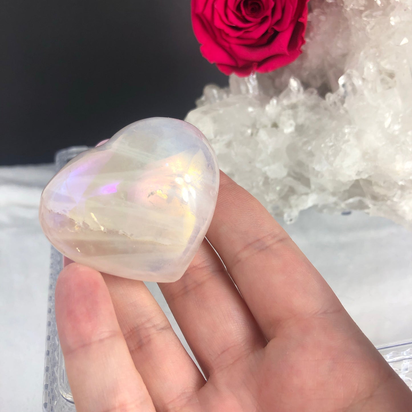Rainbow Aura Rose Quartz Heart