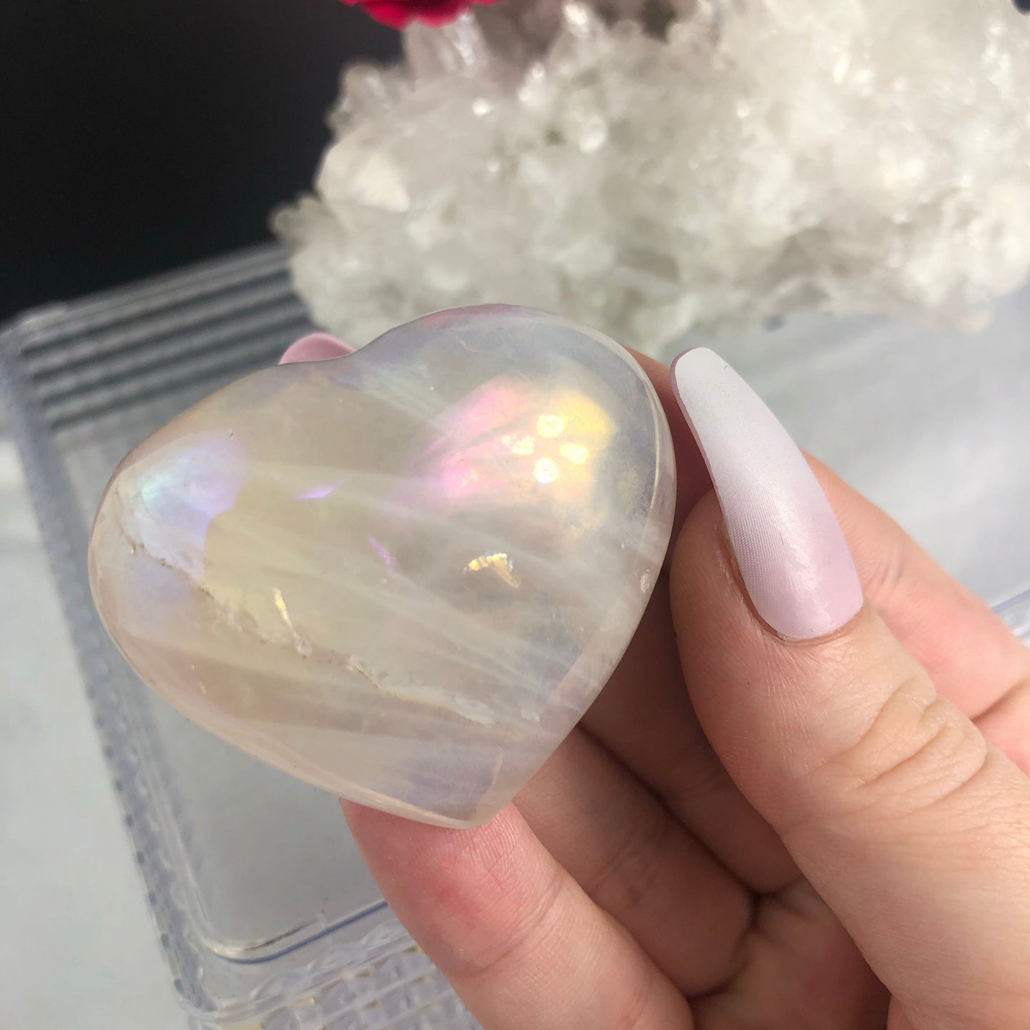 Rainbow Aura Rose Quartz Heart