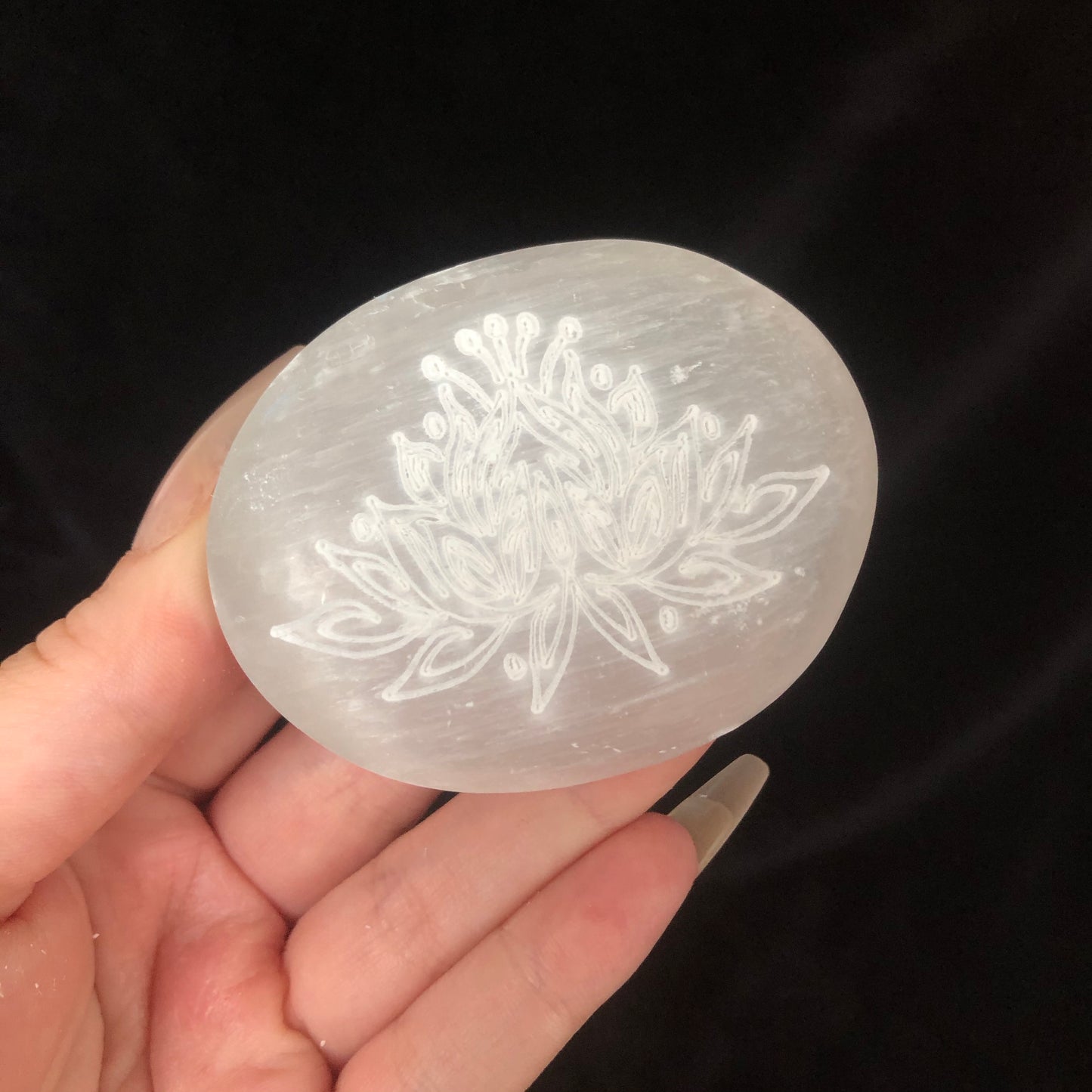 Lotus Flower Carved Selenite Palmstone