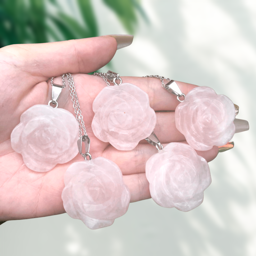 Natural Rose Quartz Carved Flower Necklace