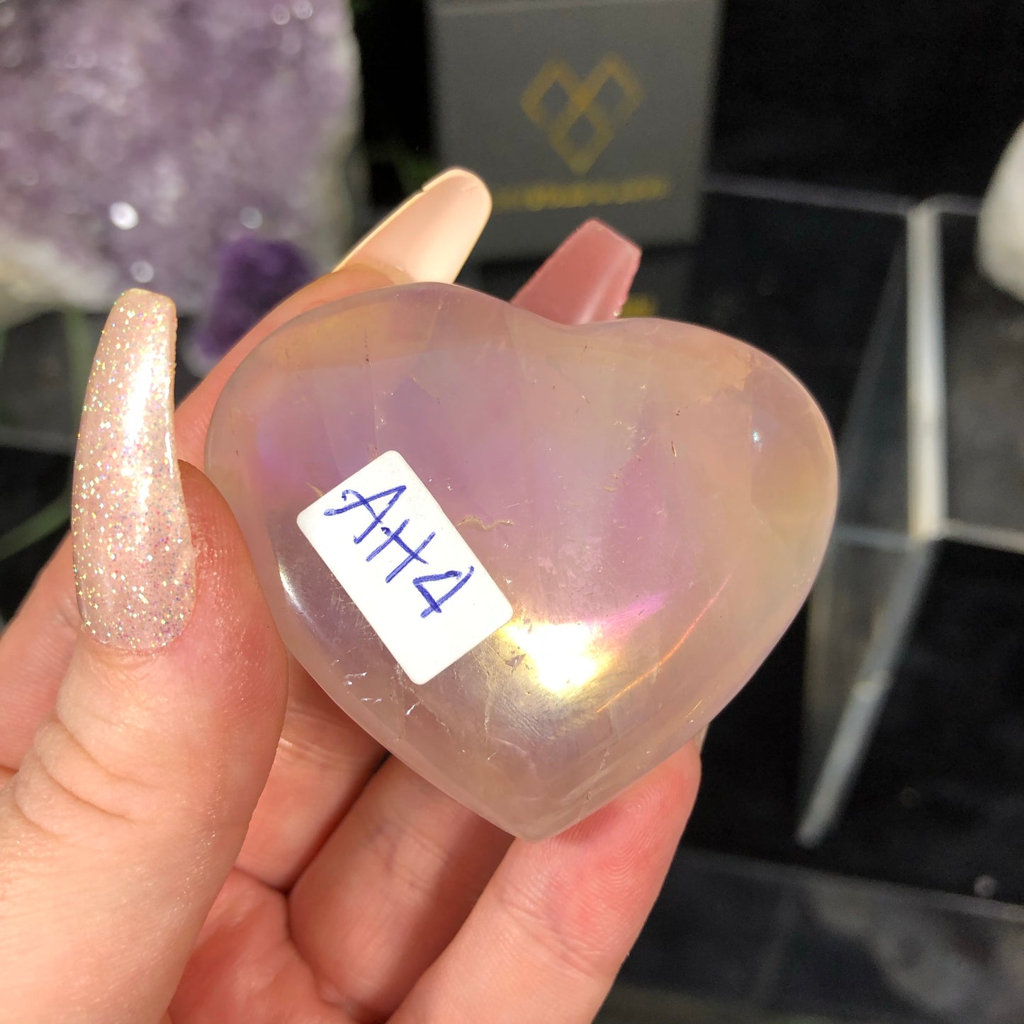 Rainbow Aura Rose Quartz Heart