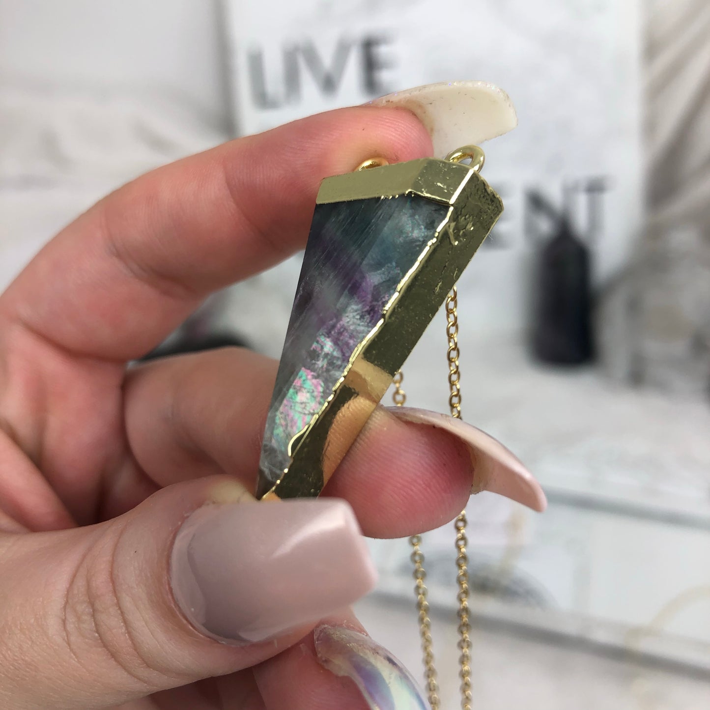 Natural Rainbow Fluorite Triangle Necklace