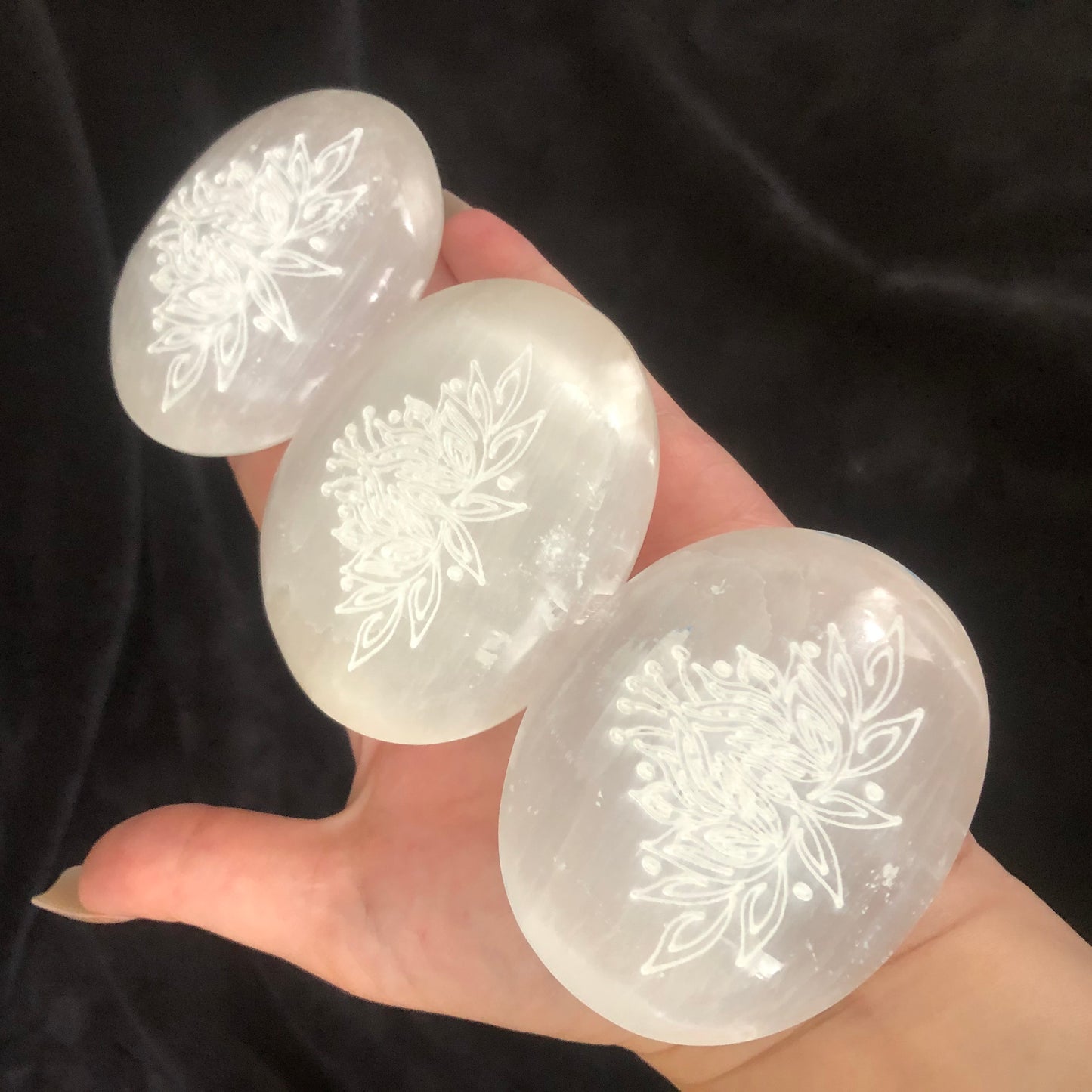 Lotus Flower Carved Selenite Palmstone