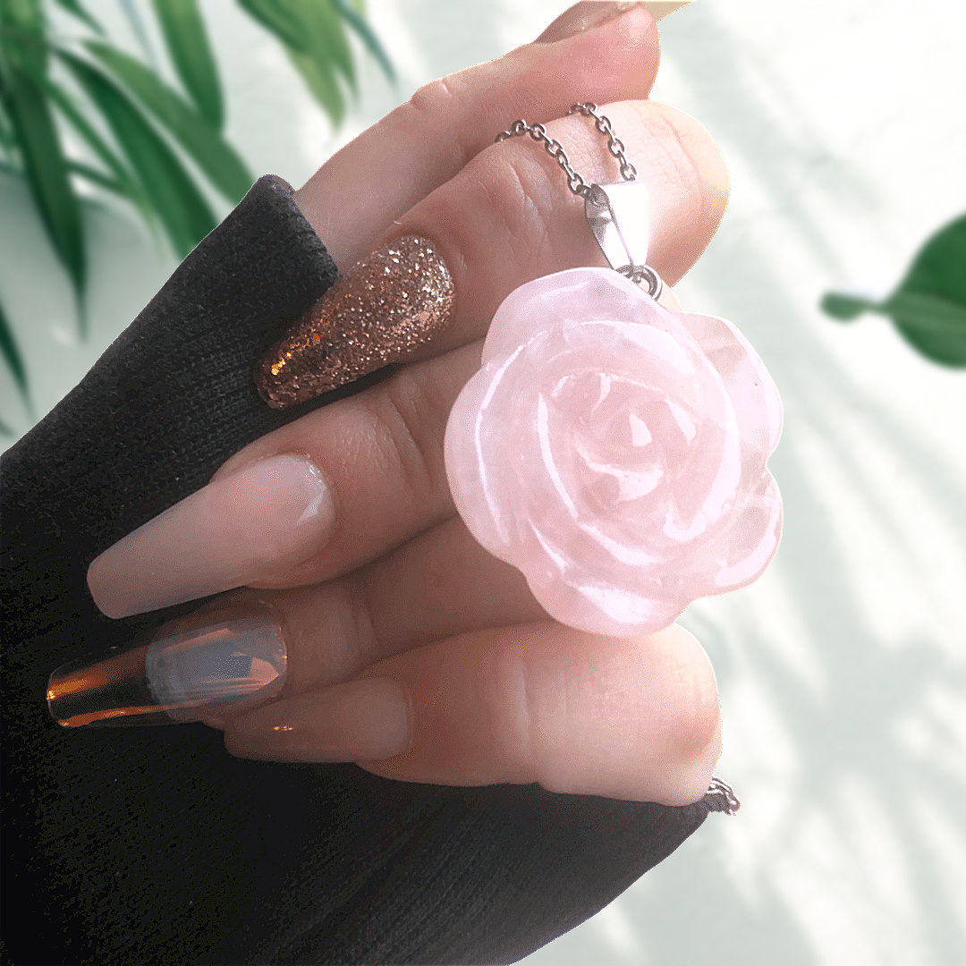 Natural Rose Quartz Carved Flower Necklace