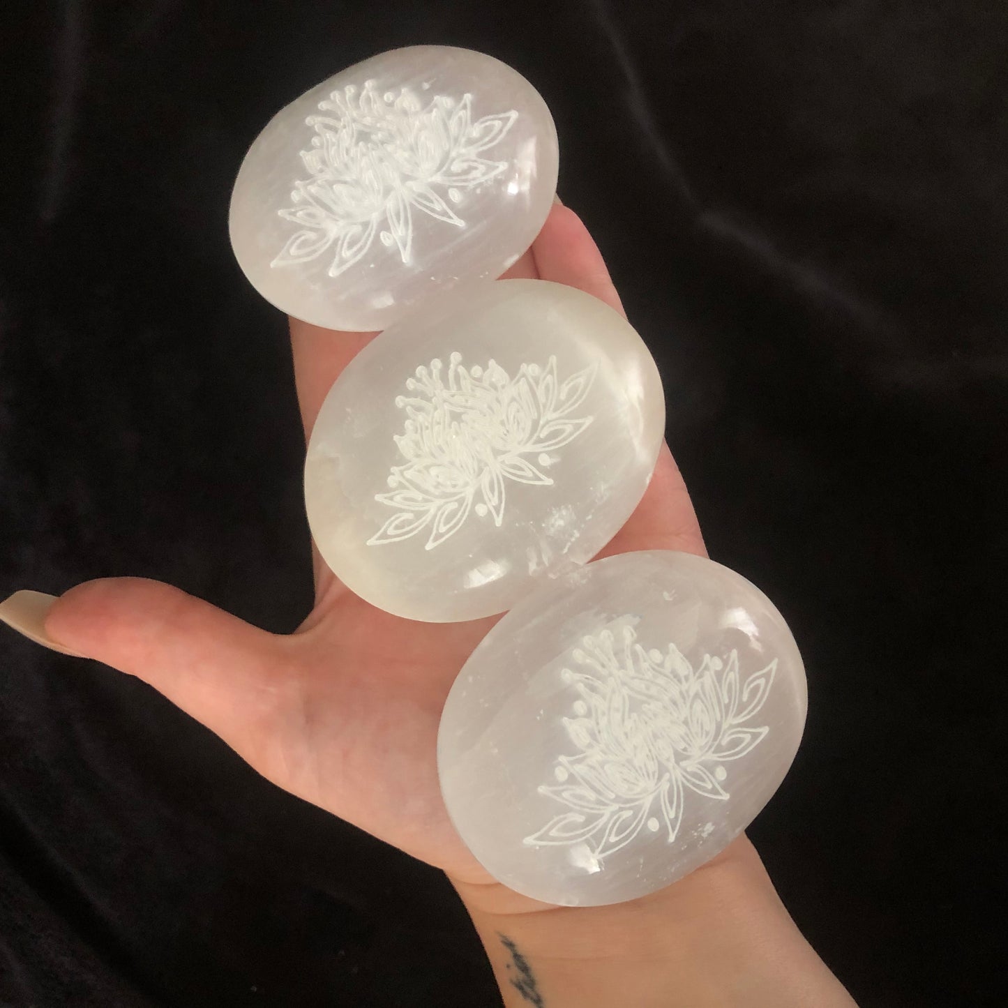 Lotus Flower Carved Selenite Palmstone