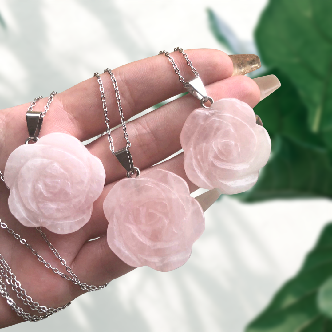 Natural Rose Quartz Carved Flower Necklace