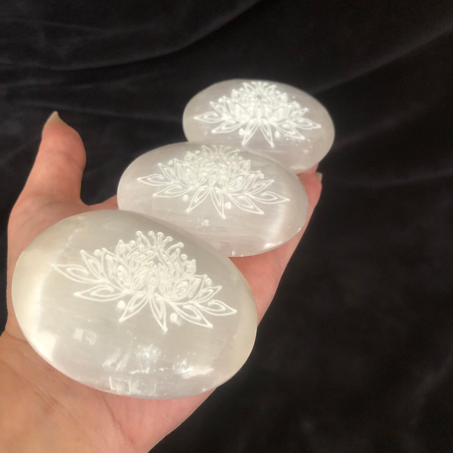 Lotus Flower Carved Selenite Palmstone