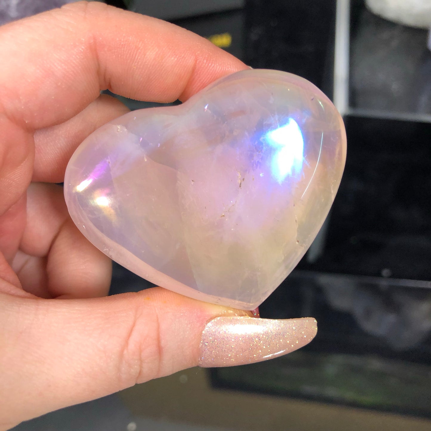 Rainbow Aura Rose Quartz Heart