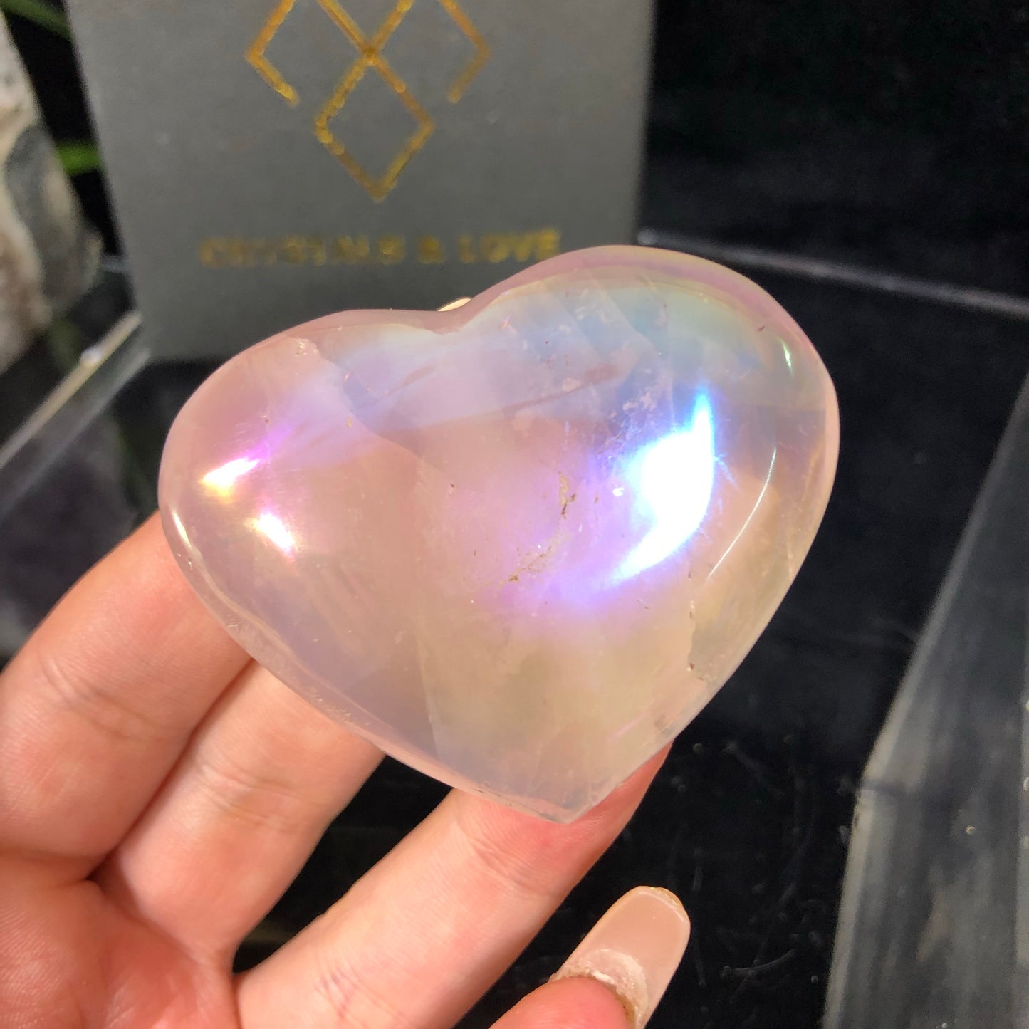 Rainbow Aura Rose Quartz Heart