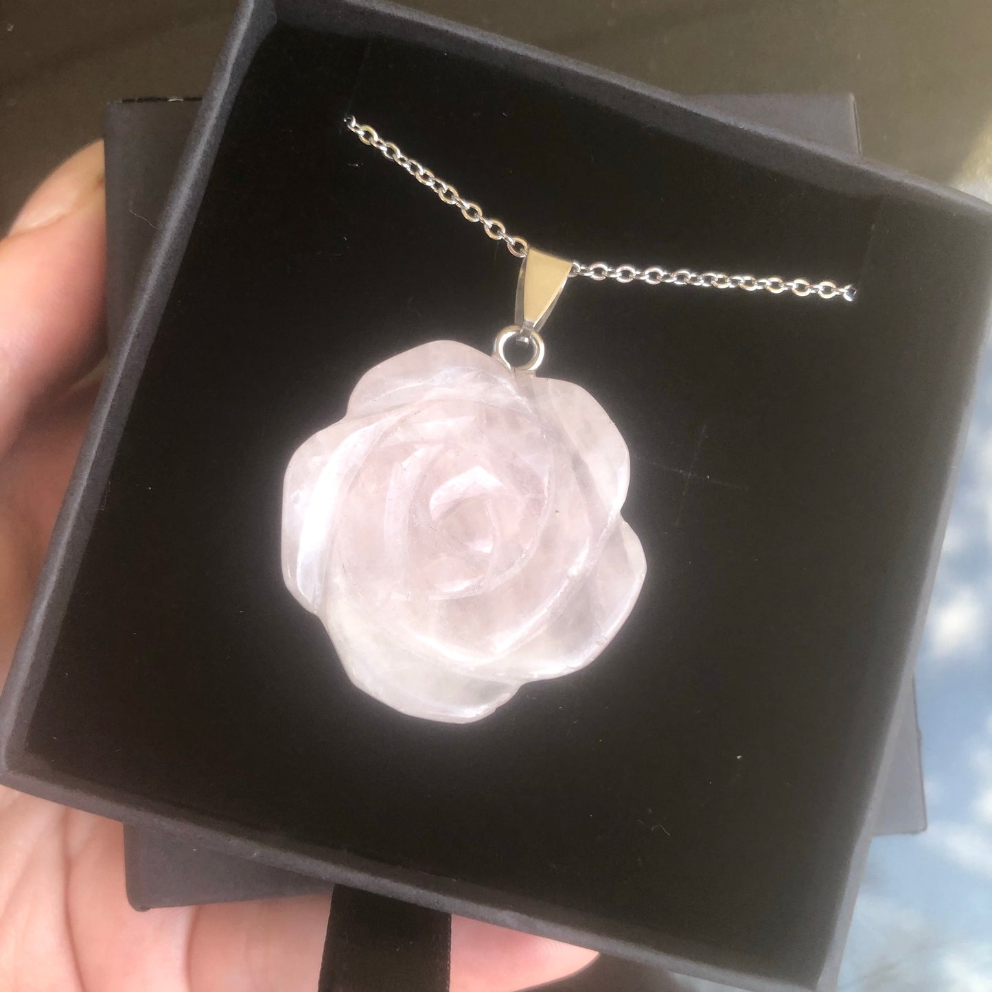Natural Rose Quartz Carved Flower Necklace