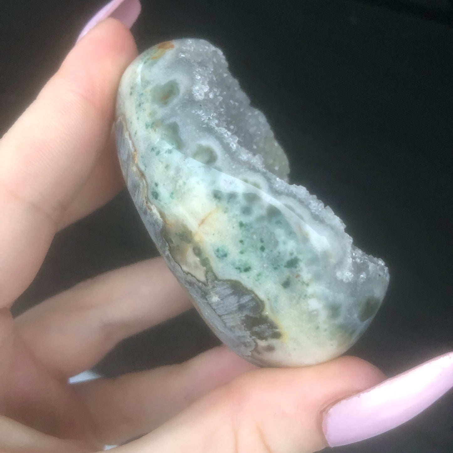 Rare Grey Druzy Rainbow Amethyst Palmstone from Uruguay