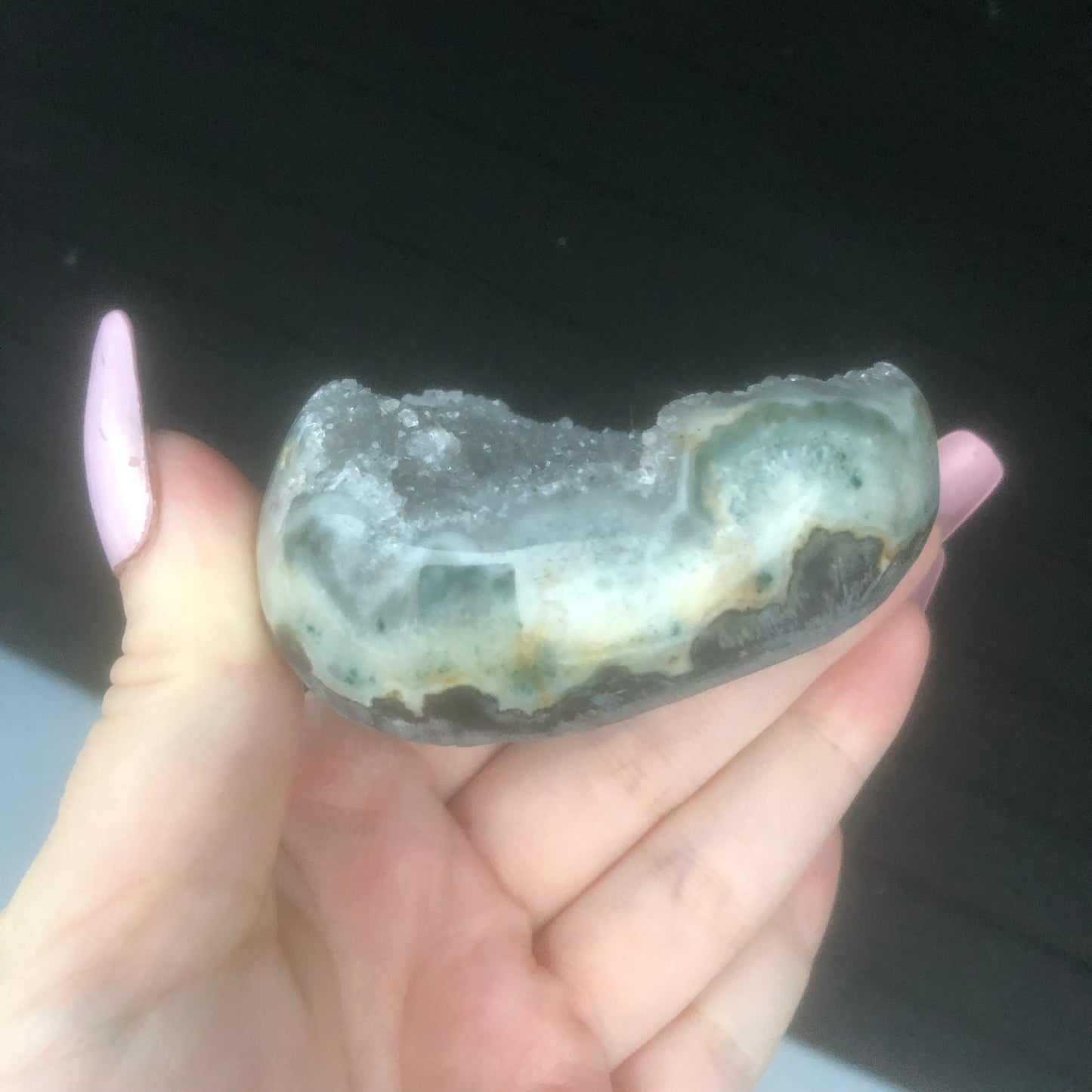 Rare Grey Druzy Rainbow Amethyst Palmstone from Uruguay