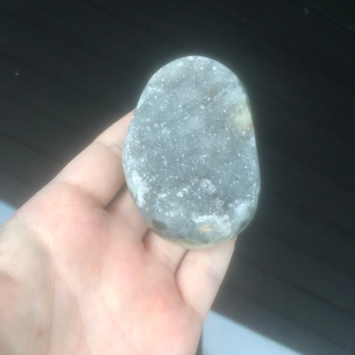 Rare Grey Druzy Rainbow Amethyst Palmstone from Uruguay