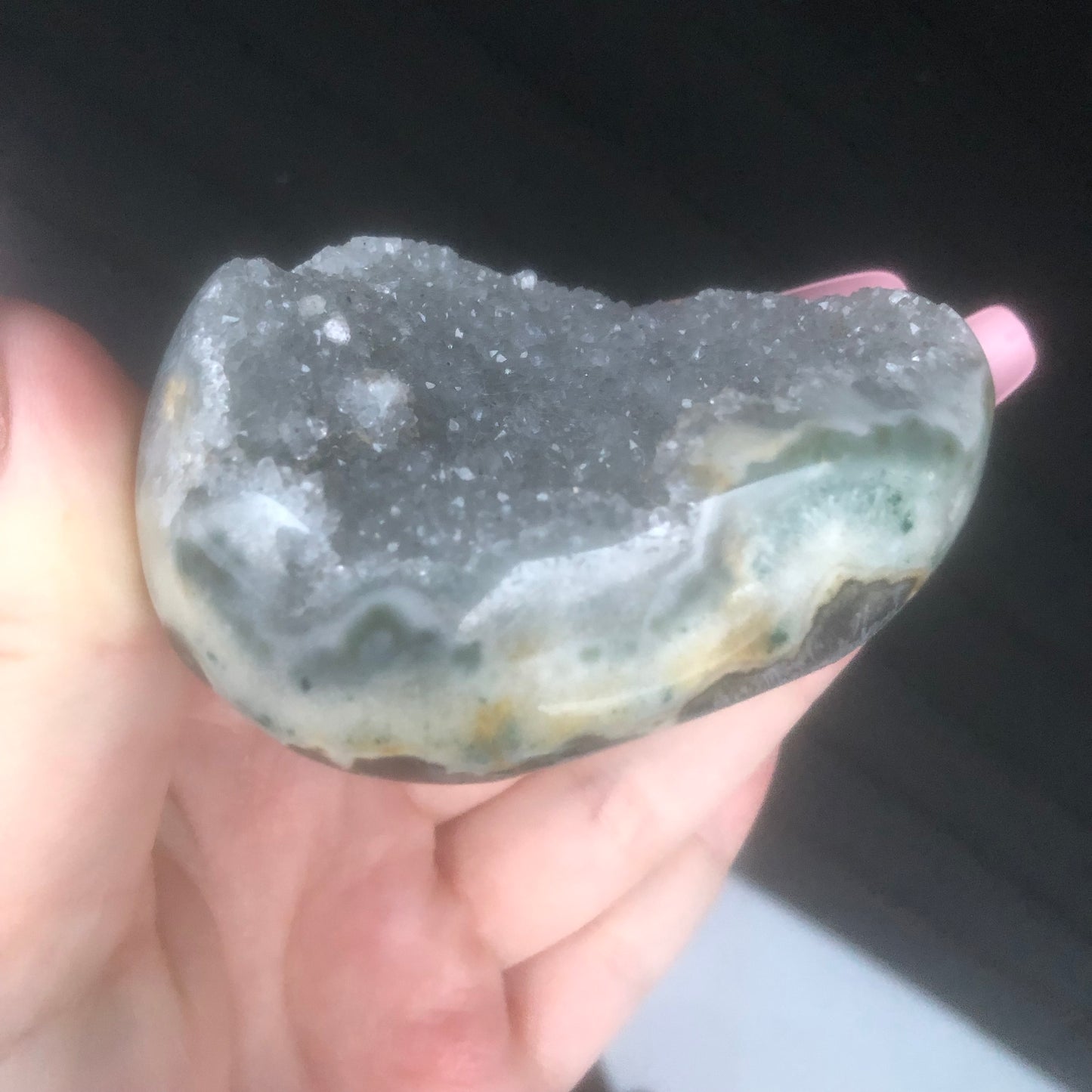 Rare Grey Druzy Rainbow Amethyst Palmstone from Uruguay