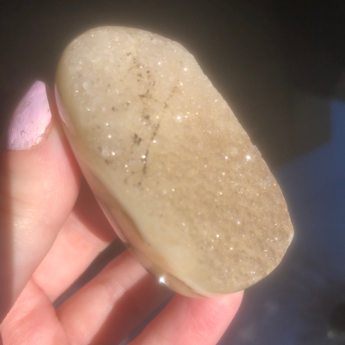 Rare Champagne Rainbow Amethyst Palmstone from Uruguay