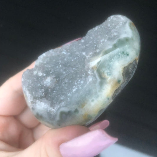 Rare Grey Druzy Rainbow Amethyst Palmstone from Uruguay