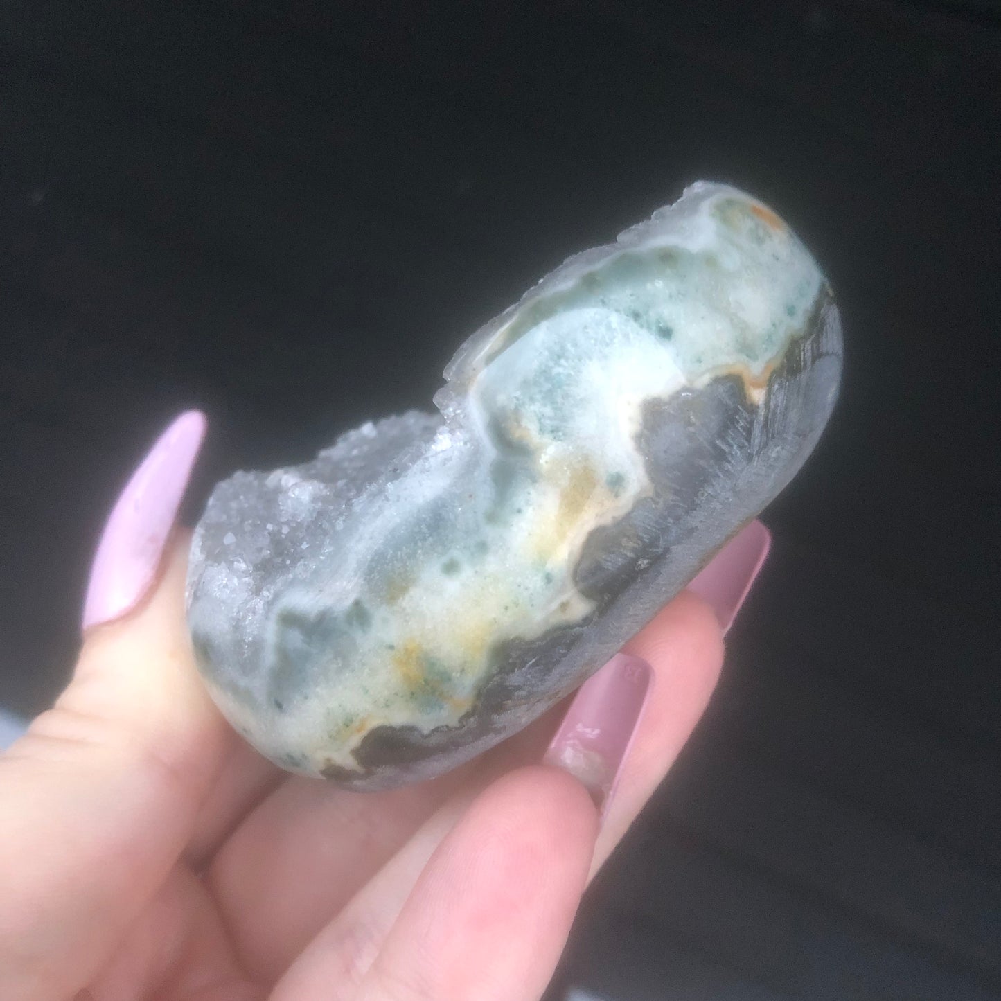 Rare Grey Druzy Rainbow Amethyst Palmstone from Uruguay