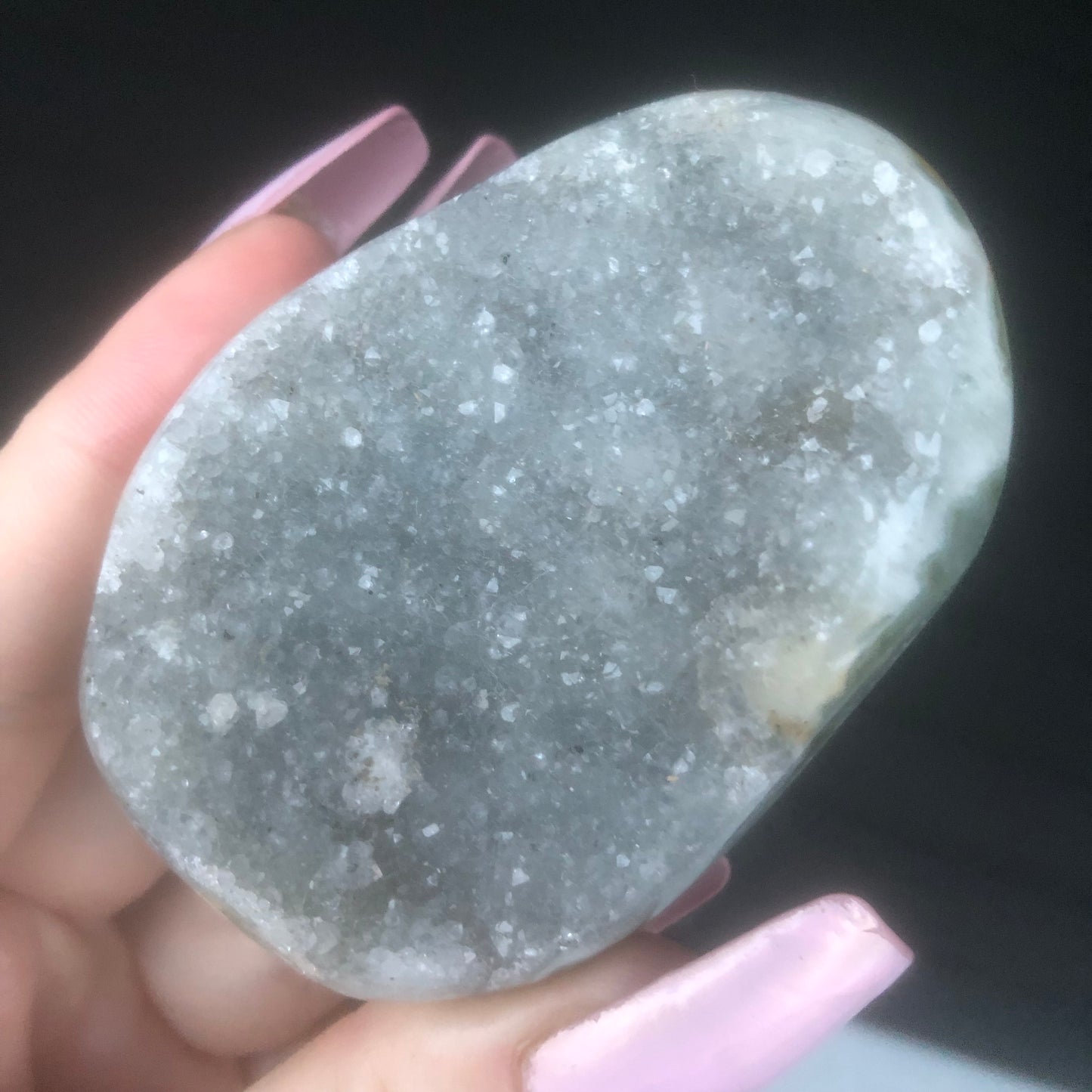 Rare Grey Druzy Rainbow Amethyst Palmstone from Uruguay