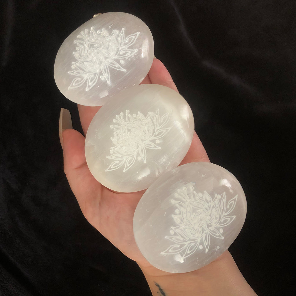 Lotus Flower Carved Selenite Palmstone