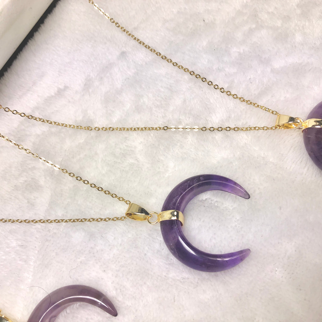 Amethyst Crescent Moon Horn Necklace
