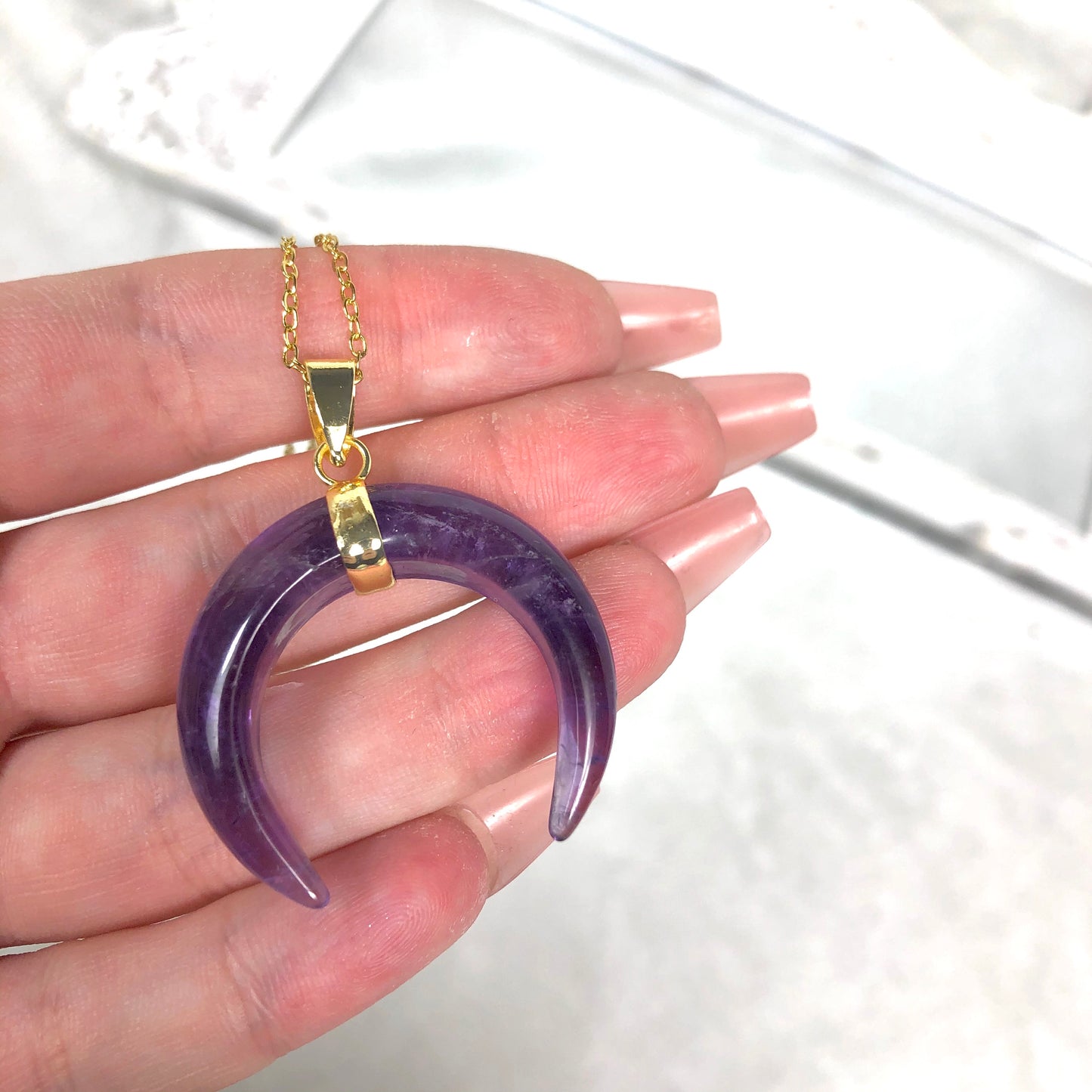 Amethyst Crescent Moon Horn Necklace