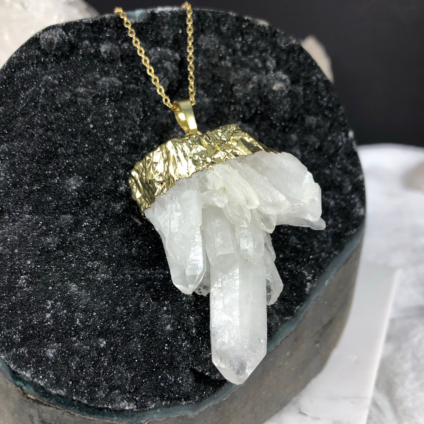 Clear Quartz Cluster on 24K Gold-Plated chain